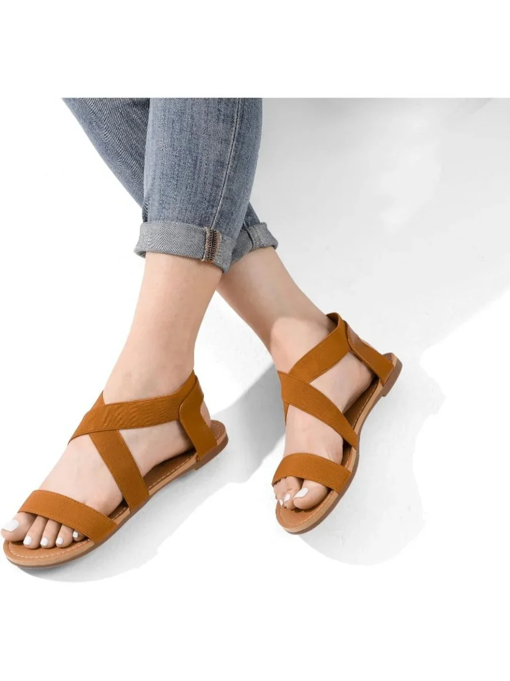 Women's Tan Summer Elastic Ankle Strap Flat Cute Strappy Gladiator Sandals